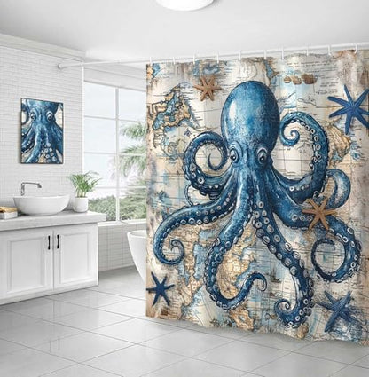 Octopus Shower Curtain for Bathroom, Funny Ocean Vintage Nautical Shower Curtains, Coastal Map Waterproof Fabric Shower Curtain Set with 12 Hooks, Retro 72 x 72 Inch