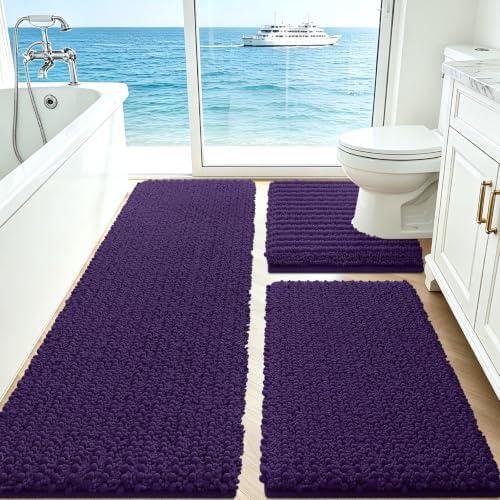 ACCUMTEK Upgrade Extra Large Dark Purple Bathroom Rug Set 3 Pieces Ultra Soft, Thick Absorbent Bath Mats, Non Slip Chenille Toilet Mat for Bathroom, Bedroom, Kitchen, Egglant