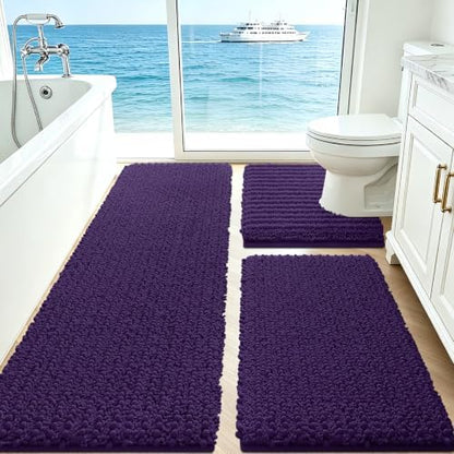 ACCUMTEK Upgrade Extra Large Dark Purple Bathroom Rug Set 3 Pieces Ultra Soft, Thick Absorbent Bath Mats, Non Slip Chenille Toilet Mat for Bathroom, Bedroom, Kitchen, Egglant