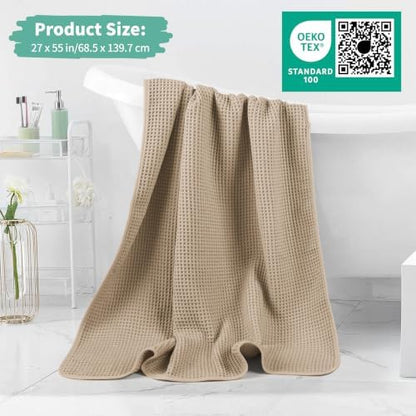 Microfiber Waffle Bath Towels, 4 Pieces, Soft, Absorbent, Fast Drying, Lint Free 430 GSM (27''x55''/68.58 cm x139.7 cm) (Beige+Blue)