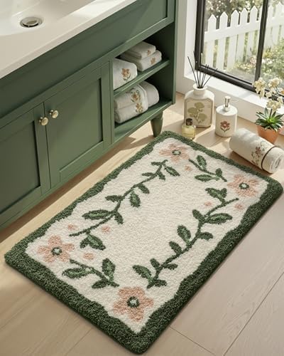 DEXI Boho Floral Bathroom Rugs 32x20, Green Leaf Bath Mat Non Slip Washable
