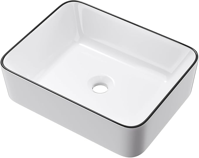 19 Inch Rectangular Bathroom Sink Above Counter, QISHKA White Ceramic Vanity Vessel Sink With Black Edges - 19" x 15" Countertop Rectangle Hand Wash Sink Porcelain Art Basin