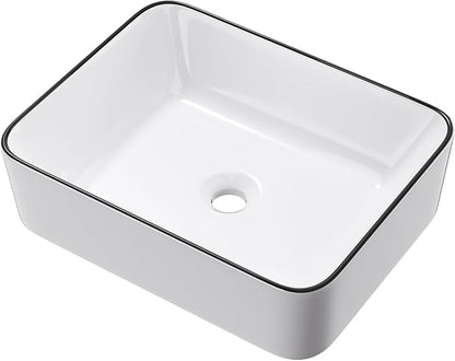 19 Inch Rectangular Bathroom Sink Above Counter, QISHKA White Ceramic Vanity Vessel Sink With Black Edges - 19" x 15" Countertop Rectangle Hand Wash Sink Porcelain Art Basin