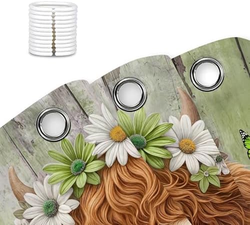 Cute Cow Shower Curtain, Farmhouse Rustic Floral Daisy Highland Cow Shower Curtains for Bathroom, Calf Country Farm Animal Garden Plant Fabric Bathroom Decor with Hooks, 70x72 inch