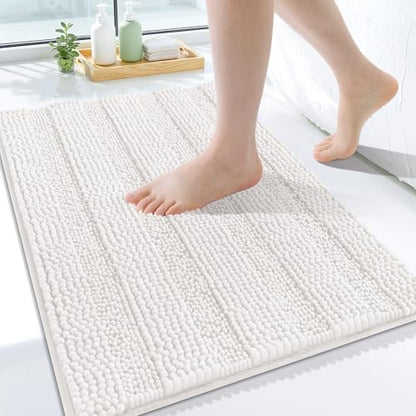 Grandaily Chenille Striped Bathroom Rugs 24x16, Extra Thick and Absorbent Bath Mats, Non-Slip Soft Plush Shaggy Shower Carpet, Machine Wash Dry, Bath Rug for Bathroom, (Small, Cream)