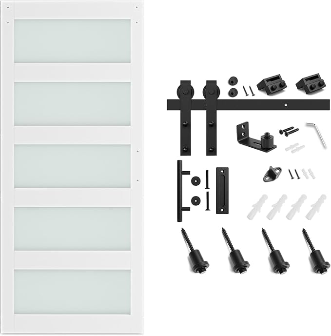 SMARTSTANDARD 36 x 84 in Glass Barn Door with 6.6FT Sliding Hardware Kit | Pre-Drilled Ready to Assemble, Waterproof PVC Coating, White, 5-Panel Glass