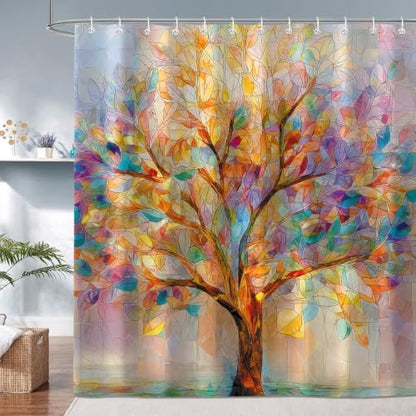 Moonslim Colorful Tree Shower Curtains, Stained Glass Trees Leaves Colored Seasons Fabric Shower Curtain Set Modern Aesthetic Bath Curtain for Bathroom Decor Waterproof Cloth with Hooks 72X78 Inch