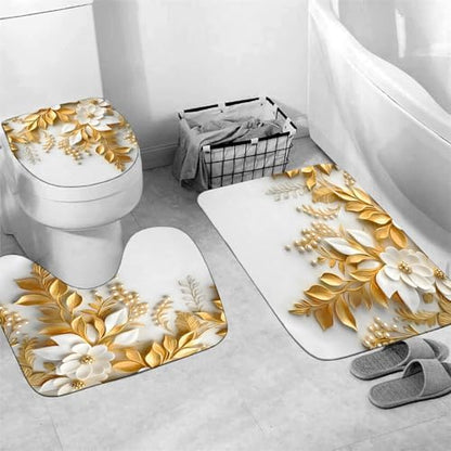 Chrainy 4pcs Golden Leaves Shower Cutain Bathroom Decor Sets with Rugs