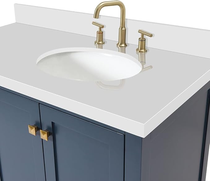 ARIEL Cambridge 42-inch Bathroom Vanity with Sink,Solid Wood, 1.5-inch Pure White Quartz Countertop & Backsplash, Single Oval Porcelain Sink, 2 Soft Closing Doors, 5 Dovetail Drawers, Midnight Blue