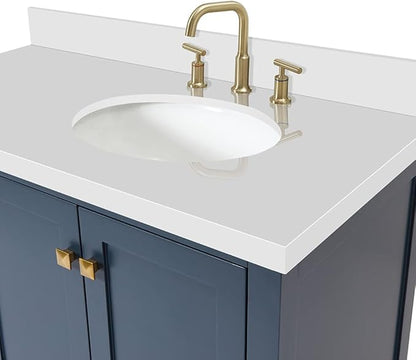 ARIEL Cambridge 42-inch Bathroom Vanity with Sink,Solid Wood, 1.5-inch Pure White Quartz Countertop & Backsplash, Single Oval Porcelain Sink, 2 Soft Closing Doors, 5 Dovetail Drawers, Midnight Blue