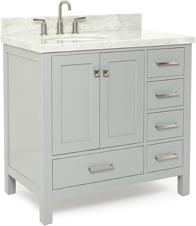 ARIEL Cambridge 36-inch Bathroom Vanity with Sink,Solid Wood, 1.5-inch Italian Carrara Marble Countertop & Backsplash, Single Oval Porcelain Sink, 2 Soft Closing Doors, 5 Dovetail Drawers, Grey