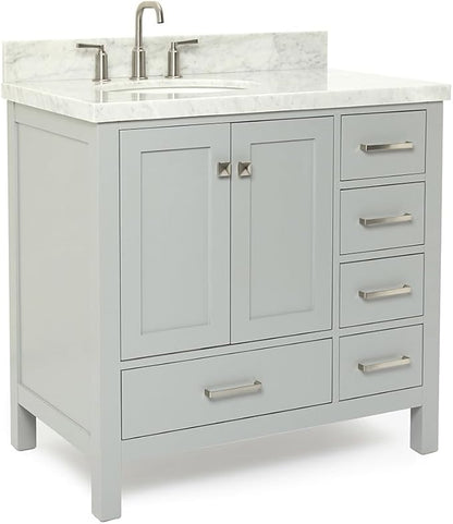 ARIEL Cambridge 36-inch Bathroom Vanity with Sink,Solid Wood, 1.5-inch Italian Carrara Marble Countertop & Backsplash, Single Oval Porcelain Sink, 2 Soft Closing Doors, 5 Dovetail Drawers, Grey
