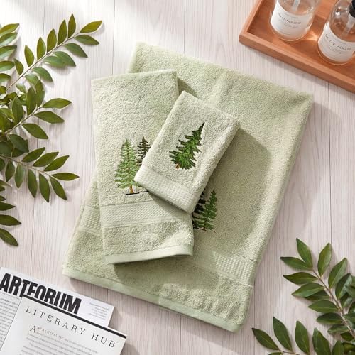3 Pcs Rustic Pine Trees Bathroom Towel Set Farmhouse Embroidered Pine Trees Towels Vintage Decorative 100% Cotton Bath Towel Highly Absorbent Elegant Summer Decor Set for Bathroom