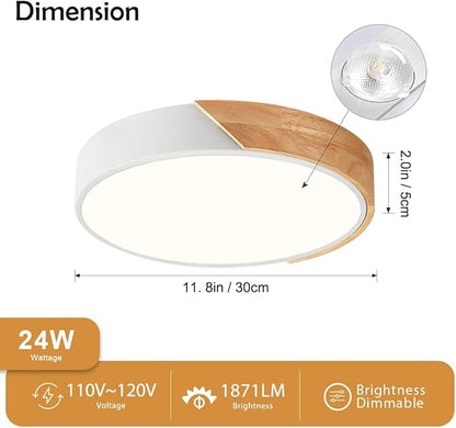 Vikaey Modern Dimmable LED Ceiling Light, Minimalist Wood Style 5CCT 2700K-6000K Flush Mount Ceiling Light Fixture, Round Lighting Lamp for Bedroom, Laundry Room, Hallway, White, 11.8"