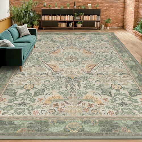 Boho 8x12 Living Room Rugs - Plant & Bird Patterned Rugs for Bedroom Under Bed, Traditional Victorian Sage Green Décor, Washable Non Slip Foldable Lightweight Carpet