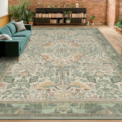 Boho 8x12 Living Room Rugs - Plant & Bird Patterned Rugs for Bedroom Under Bed, Traditional Victorian Sage Green Décor, Washable Non Slip Foldable Lightweight Carpet