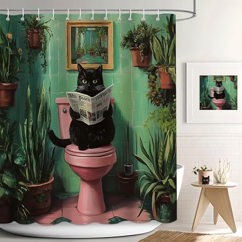 APROPHIC Funny Shower Curtain, Cute Cat Shower Curtain for Bathroom, Balck Cat Sitting on a Toilet and Reading Newspaper Print Decor with Waterproof Fabric, 12 Hooks, 72x72 Inch