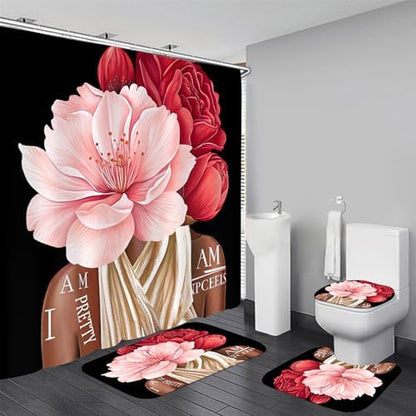 4 Pcs Black Girl Shower Curtain Sets African American Woman Red Rose Floral Quotes Non-Slip Rugs Bath Mat Toilet Cover U Shaped Mat Shower Curtain with 12 Hooks Bathroom Set