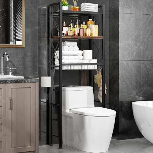 Kalrin Over The Toilet Storage with X Shape Side Guardrail, 3-Tier Over Toilet Storage Rack with Drain Basket, Freestanding Bathroom Organizer for Balcony Laundry, Vintage Brown