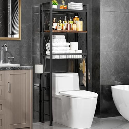 Kalrin Over The Toilet Storage with X Shape Side Guardrail, 3-Tier Over Toilet Storage Rack with Drain Basket, Freestanding Bathroom Organizer for Balcony Laundry, Vintage Brown