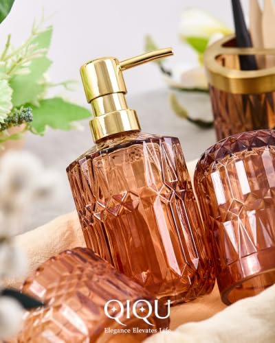 Bathroom Accessories Set, 5Pcs Clear Glass Bathroom Accessories, Soap Dispenser, Soap Dish, Toothbrush Holder Set, Tumbler, Qtips Holder for Vintage Crystal Bath Decor (Amber)