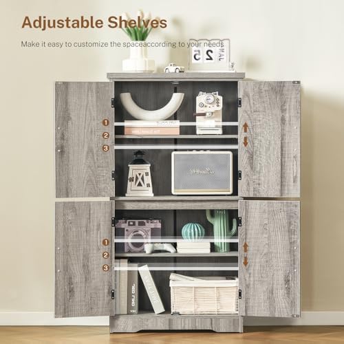 TEENFON Farmhouse Storage Cabinet with 2 Adjustable Shelves, Bathroom Cabinet with 4 Doors, Cupboard for Kitchen, Living Room, Rustic Gray