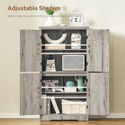 TEENFON Farmhouse Storage Cabinet with 2 Adjustable Shelves, Bathroom Cabinet with 4 Doors, Cupboard for Kitchen, Living Room, Rustic Gray