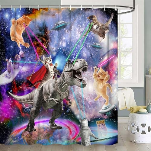 JAWO Funny Cat Shower Curtain, Cool Dinosaur Japanese Ocean Wave Shower Curtain, Cat Riding Dinosaur Fun Nautical Kids Children Rustic Wooden Farmhouse Bathroom Accessories, 72X72inch, Purple