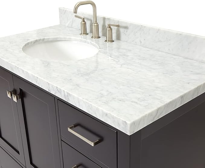 ARIEL Cambridge 42-inch Bathroom Vanity with Sink,Solid Wood, 1.5-inch Italian Carrara Marble Countertop & Backsplash, Single Oval Porcelain Sink, 2 Soft Closing Doors, 5 Dovetail Drawers, Espresso
