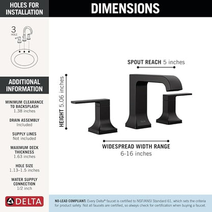 Delta Velum Matte Black Bathroom Faucet 3 Hole, 8 Inch Widespread Bathroom Sink Faucet for Vanity, Metal Push-Pop Drain Assembly, Matte Black 3539LF-BLMPU