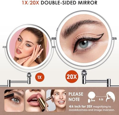 ZLOKLA 9" Wall Mounted Lighted Makeup Mirror,4000mAh Rechargeable Double Sided 1X/20X Magnifying Mirror with Light,Touch Dimmable,Extended Arm 360 Rotation Wall Mounted Makeup Mirror 3 Color Lights