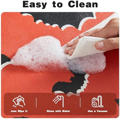 TYUU Thin Halloween Bath Mat, Non-Slip Washable, 17x30 Orange Gothic Bats