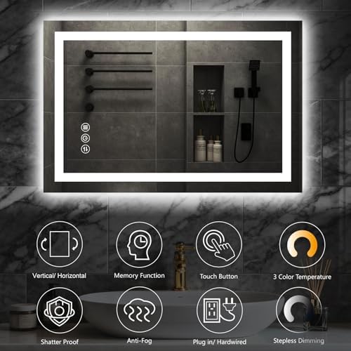 36"x 36" LED Bathroom Mirror with Lights, Smart Anti-Fog, Stepless Dimmable