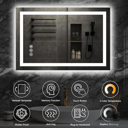 40"x 30" LED Bathroom Mirror with Lights, 90CRI Anti-Fog Wall Vanity Mirror