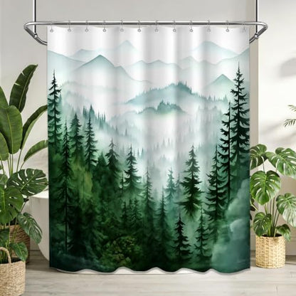Dark Green and White Extra Long Shower Curtain, Tall 72X84 in, Forest