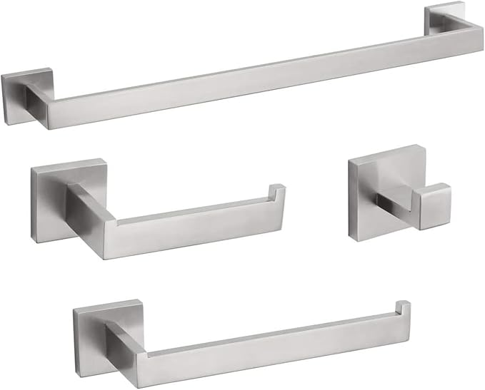 4-Piece Bathroom Hardware Set, Towel Rack Towel Bar Towel Holder Toilet Paper Holder Towel Hooks Modern Square Premium Stainless Steel Brushed Nickel Wall Mounted Bathroom Accessories Set (16inch)