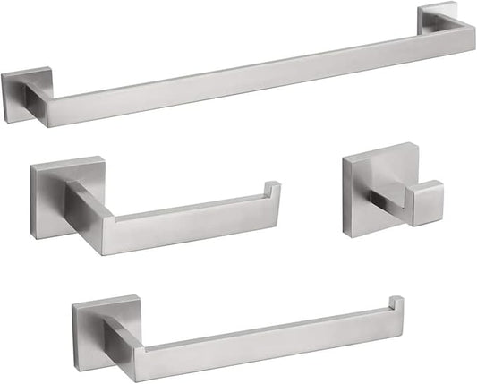 4-Piece Bathroom Hardware Set, Towel Rack Towel Bar Towel Holder Toilet Paper Holder Towel Hooks Modern Square Premium Stainless Steel Brushed Nickel Wall Mounted Bathroom Accessories Set (16inch)