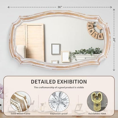 36x24 Inch Rustic Scalloped Wall Mirror, Distressed Wooden Beaded Mirrors