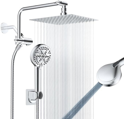 8" Metal Rainfall Shower Head with 10-Mode Handheld, Chrome | NSF/ANSI/CAN 372 Certified, High Pressure Showerhead Combo with 11" Adjustable Shower Arm, 71" Hose, Shower Head Holder