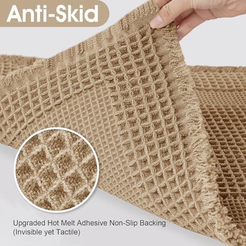 Upgraded Waffle Bath Mat Set 2 Piece Beige-Looped, Super Absorbent Non-Slip Quick Dry Bathroom Rugs with Tassels, Machine Washable Ultra Soft Boho Bath Rugs for Floor, Toilet Mats Boho Farmhouse Decor