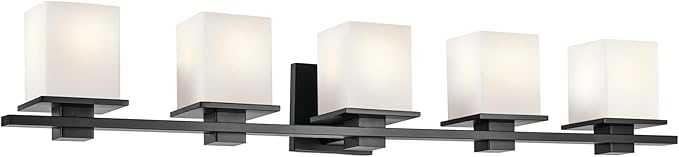 Tully 40.25" 5-Light Vanity Light with Satin Etched Cased Opal Glass in Black for Over a Vanity, Soft Modern Style, (40.25" x 6.5" x 7"), 45193BK