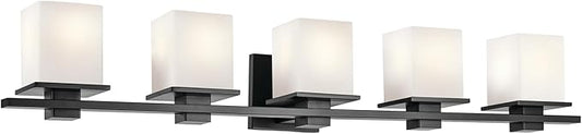 Tully 40.25" 5-Light Vanity Light with Satin Etched Cased Opal Glass in Black for Over a Vanity, Soft Modern Style, (40.25" x 6.5" x 7"), 45193BK