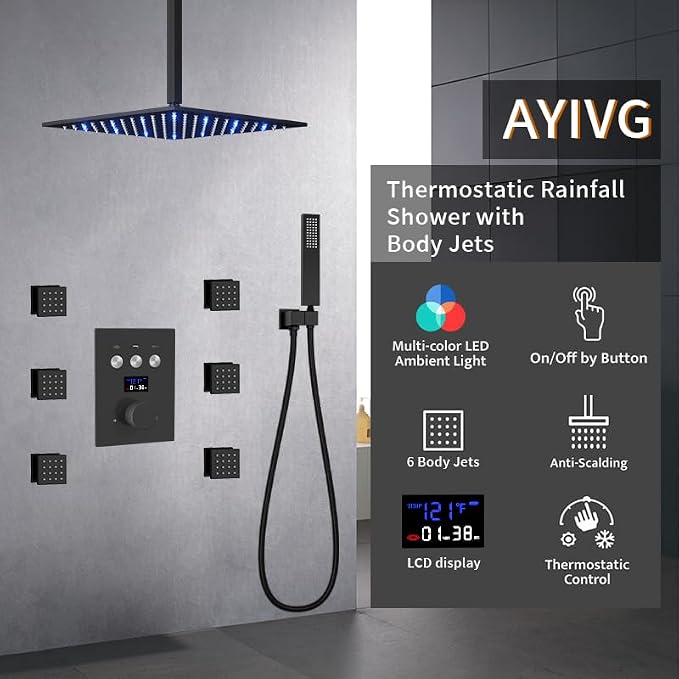 AYIVG Thermostatic Shower System with 6PCS Body Jets Matte Black Temperature Displa Shower Faucet Set Ceiling Shower System with Push Button Diverter LED 12 Inch Rain Shower Head with Handheld Spray