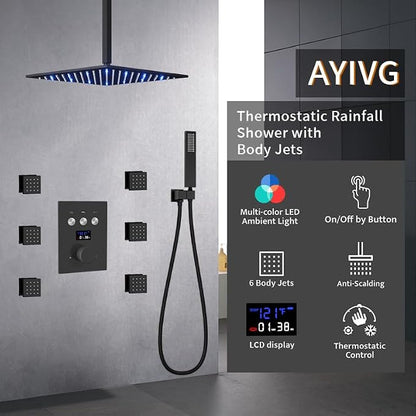 AYIVG Thermostatic Shower System with 6PCS Body Jets Matte Black Temperature Displa Shower Faucet Set Ceiling Shower System with Push Button Diverter LED 12 Inch Rain Shower Head with Handheld Spray