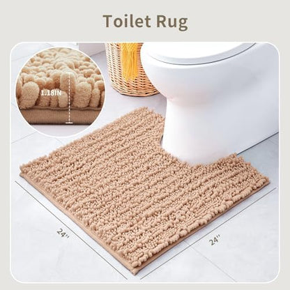 Toilet Rugs U-Shaped Mat 24x24, Contour Bathroom Mat - Ultra Soft & Absorbent Chenille, Quick-Dry, Machine Washable with Non Slip Barrier Backing, Beige