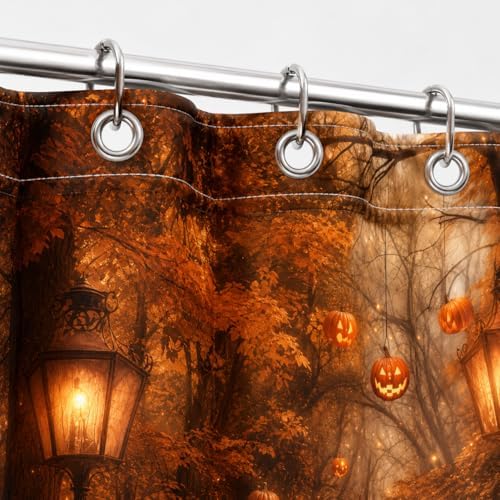 Fall Shower Curtain, Autumn Pumpkin Forest Path Bathroom Curtain, Maple Leaves Harvest Thanksgiving Farmhouse Waterproof Polyester Fabric with Hooks 72x72 Inch