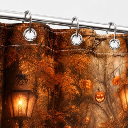 Fall Shower Curtain, Autumn Pumpkin Forest Path Bathroom Curtain, Maple Leaves Harvest Thanksgiving Farmhouse Waterproof Polyester Fabric with Hooks 72x72 Inch
