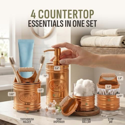 Autumn Alley Western Bathroom Accessories Set 4 - Copper Farmhouse Soap Dispenser, Toothbrush Holder, 2 Apothecary Jars Qtip Holder - Rustic Bathroom Decor – Rustic Bathroom Accessories
