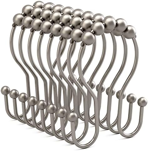 Bathway Shower Curtain Hooks Rust Proof Shower Curtain Rings, Smooth Glide Double Hook Shower Curtain Hooks,Shower Hooks for Shower Curtain Matte Nickel Shower Rod Hooks Shower Curtain Hangers 12Pcs