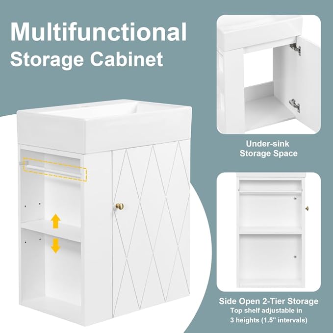 20" Floating Small Bathroom Vanity with Sink, Wall Mounted Vanity for Compact Bathrooms, Space-Saving Narrow Bathroom Vanities with Soft-Close Door Open Shelf Towel Bar (White,20" Floating Door)